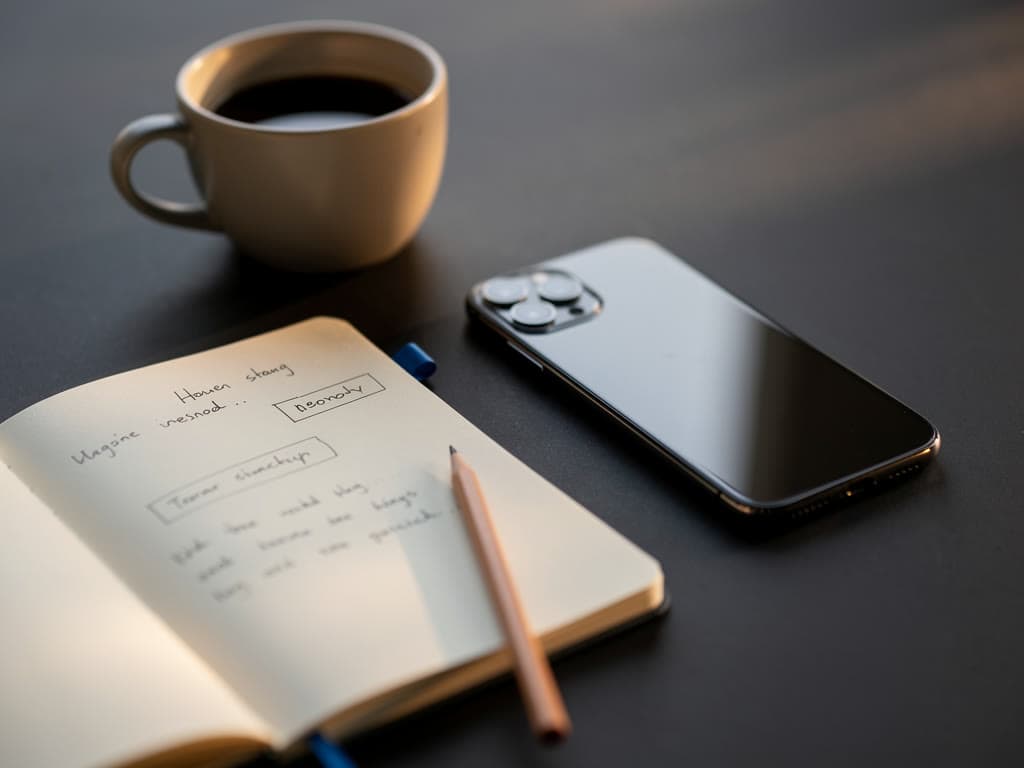 A notebook of call notes beside a phone and a coffee